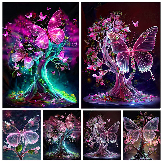 Diy 5D Diamond Painting Pink Butterfly Fairy Tale Forest Tree